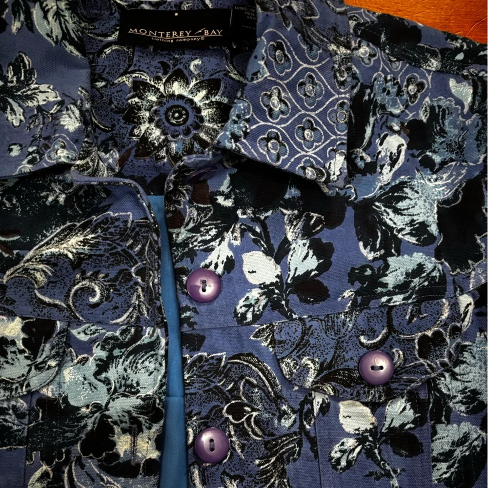 Vintage Blue Floral Jacket Blazer Soft Surroundings Style Artsy Boho SMALL